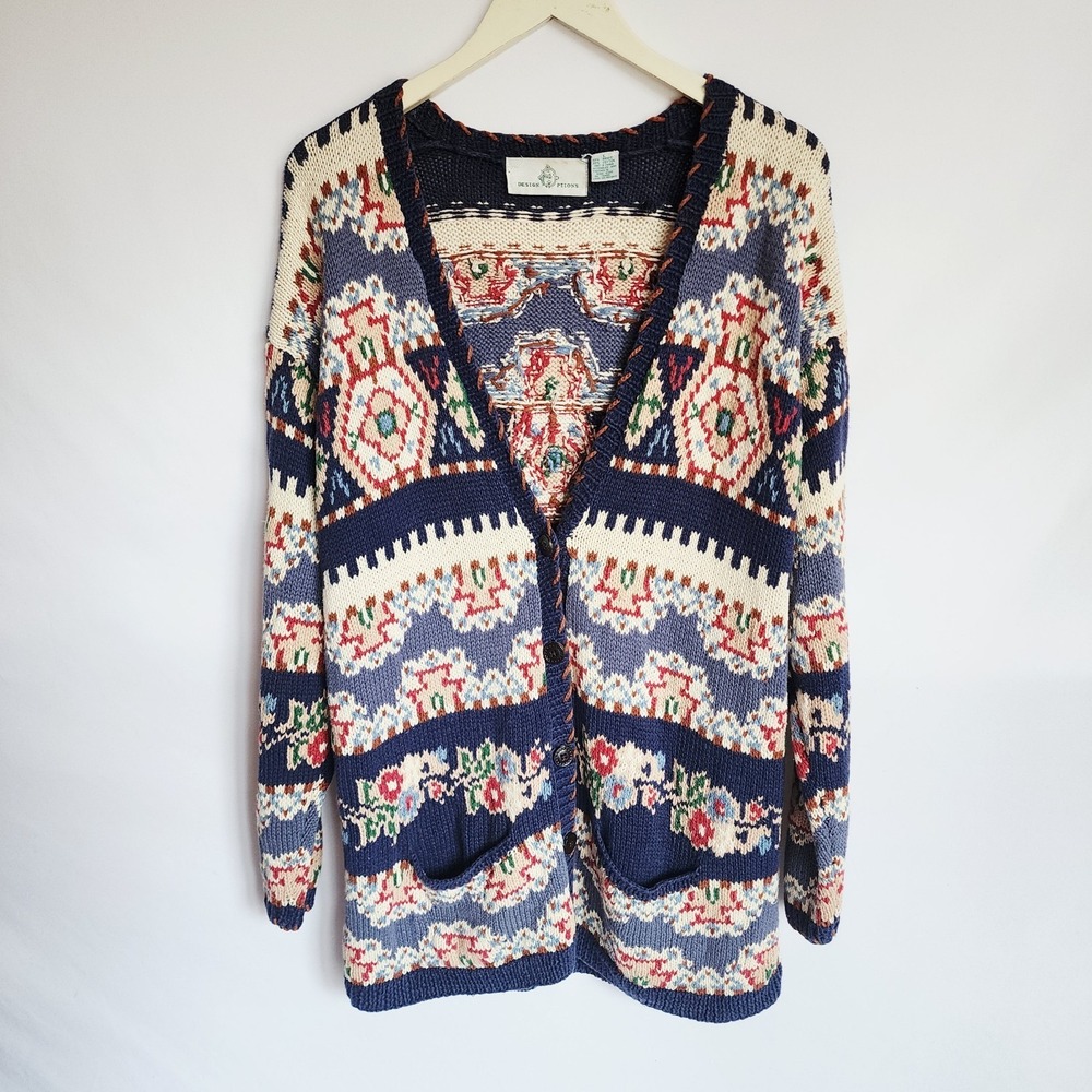Vintage Design Options Cardigan Large Ramie Cotton Boho Knit Sweater Grandmacore